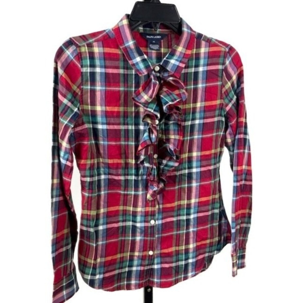 Ralph Lauren Girl's Plaid Blouse Size 16 Multicolor Ruffle Front Long Sleeve